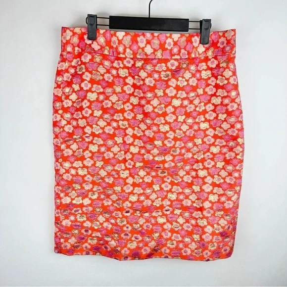 J. Crew Floral Pink and Orange Metallic Pencil Skirt | US Size 10 - Picture 1 of 8